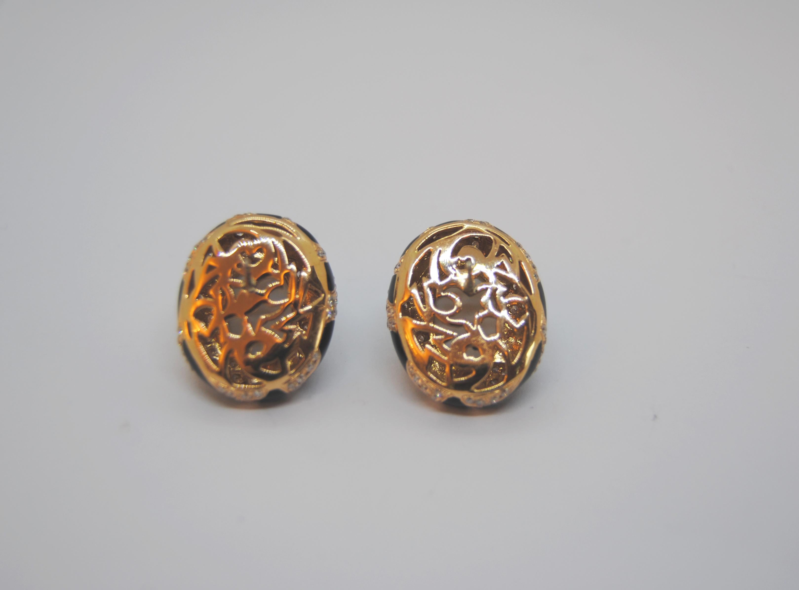 Cabochon  18k yellow gold, black enamel, diamonds, agate in Art Deco Style earrings 