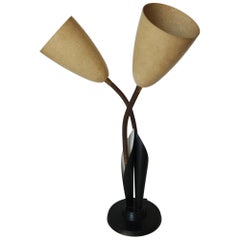 Vintage Black Enamel Double Gooseneck Lily Ivory Desk Table Lamp with Fiberglass Shades