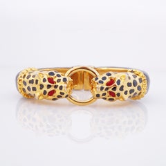 Black Enamel Double Leopard Head Bangle Bracelet By Kenneth Jay Lane, 1980s