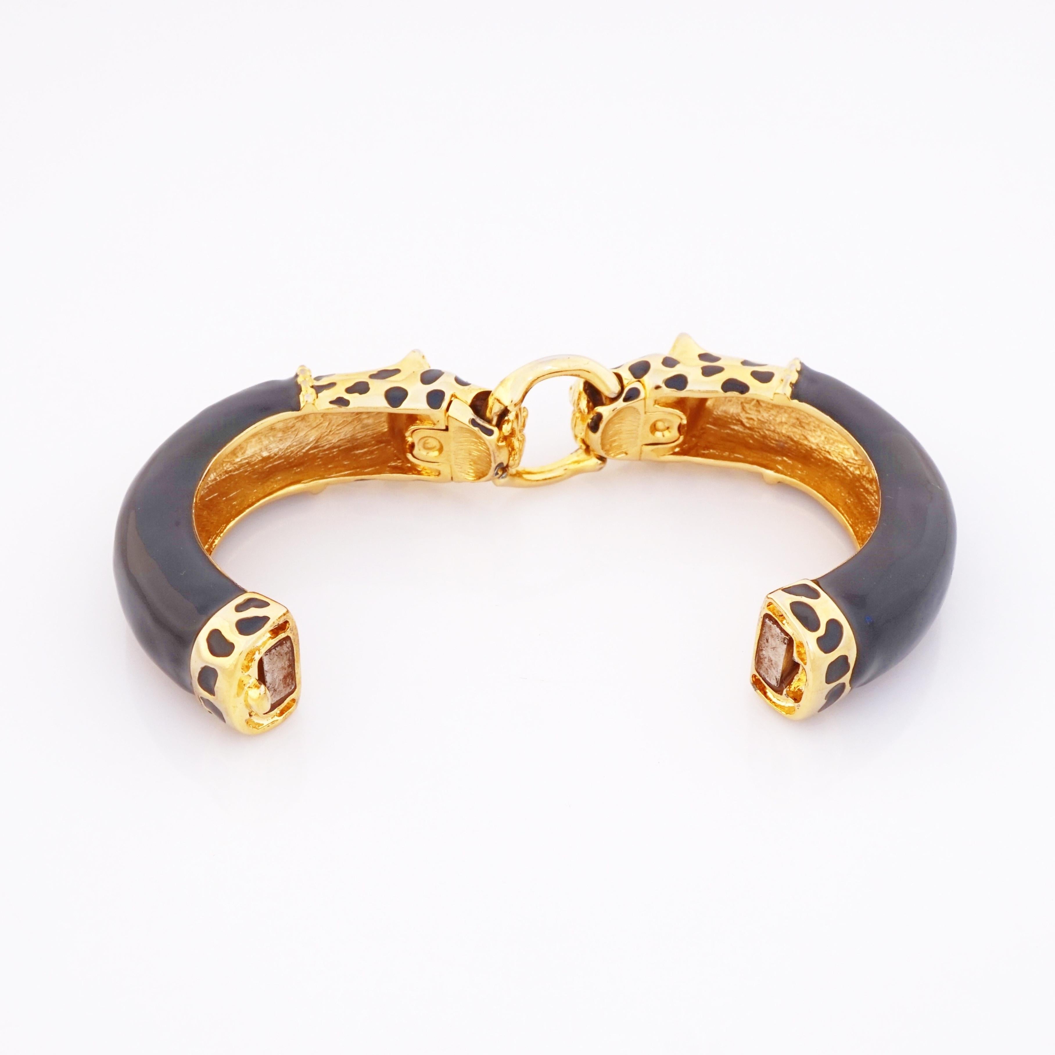 Modern Black Enamel Double Leopard Head Bangle Bracelet By Kenneth Jay Lane, 1980s
