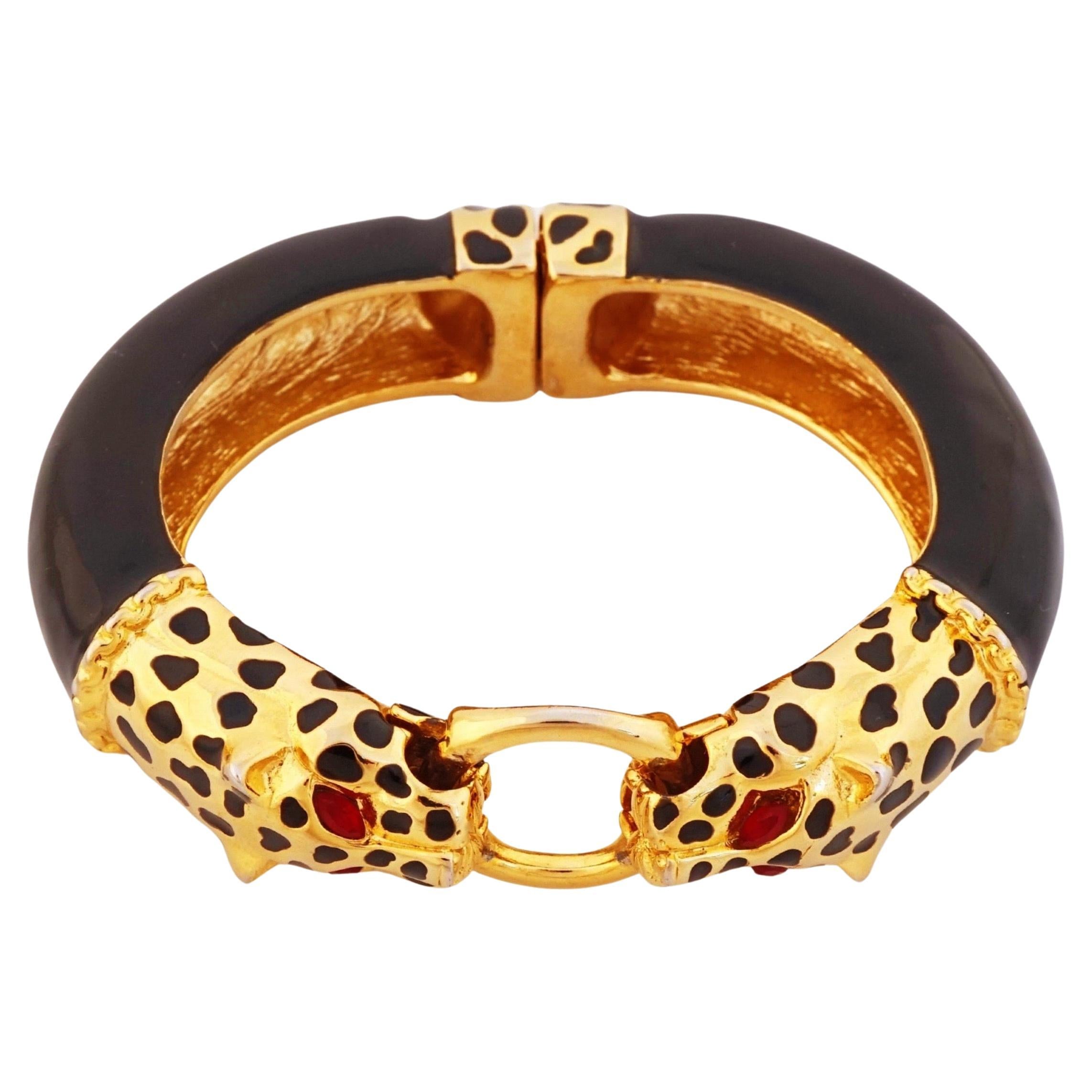 Black Enamel Double Leopard Head Bangle Bracelet By Kenneth Jay Lane, 1980s