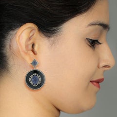 Black Enamel Earring with Carved Sapphire and Diamonds in Gold and Silver