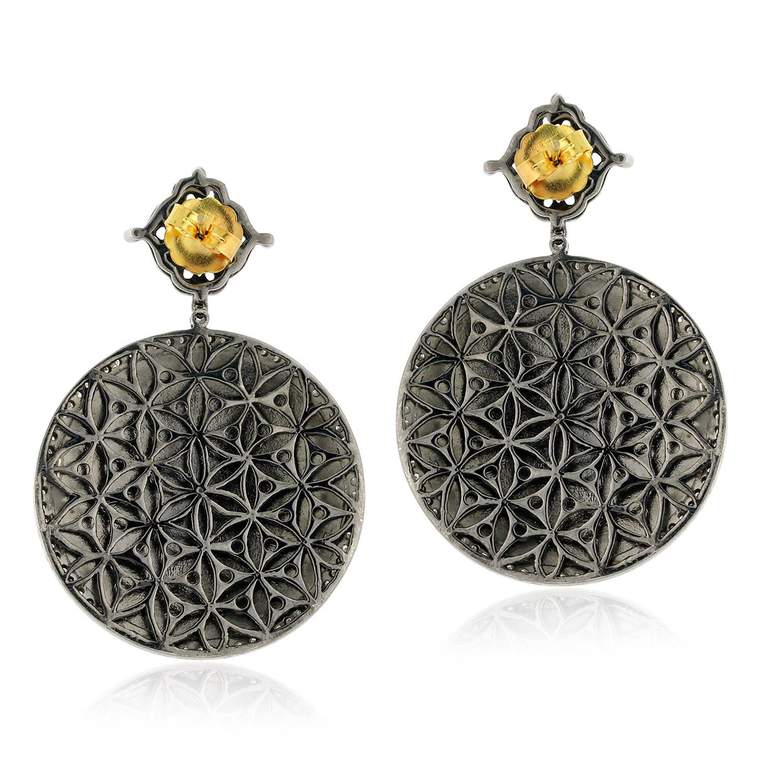 Round Cut Black Enamel Earring with Carved Sapphire and Diamonds in Gold and Silver For Sale