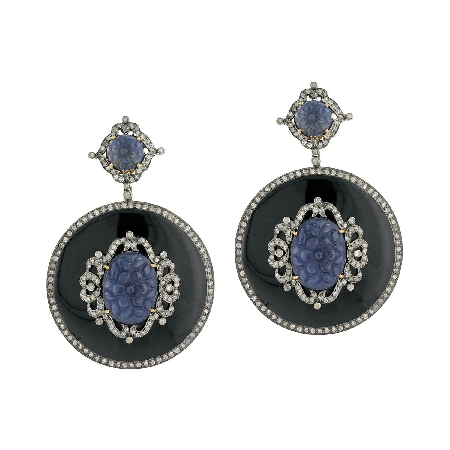 Black Enamel Earring with Carved Sapphire and Diamonds in Gold and Silver For Sale