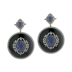 Black Enamel Earring with Carved Sapphire and Diamonds in Gold and Silver