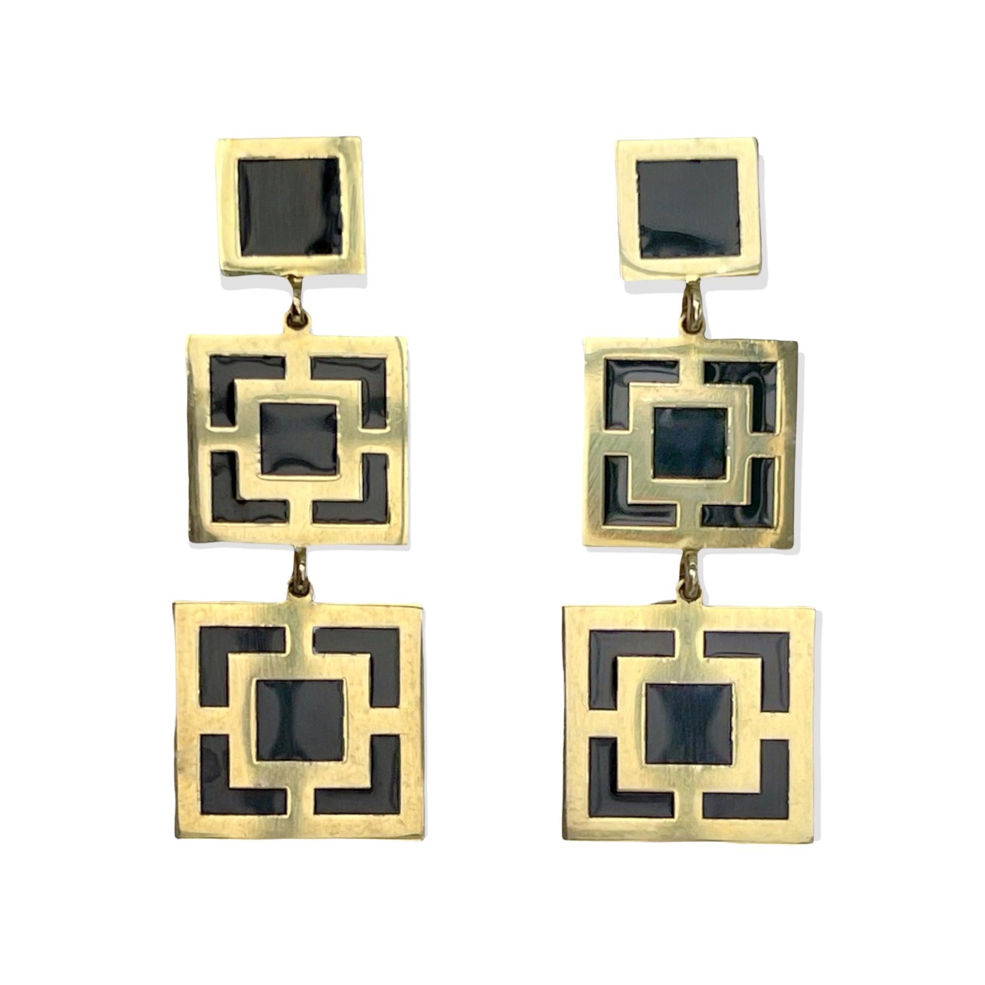 Black Enamel Earrings Helen of Troy Art Deco Style 14K Yellow Gold 1
