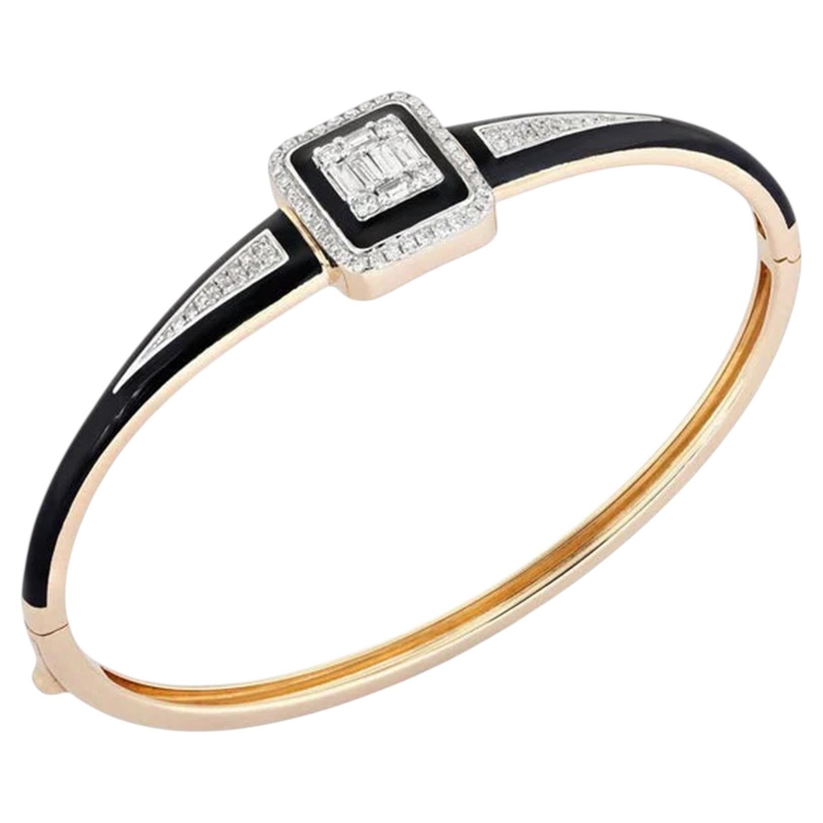 Black Enamel Emerald Cut 14K (or 18k upon request) Gold Diamond Bracelet For Sale