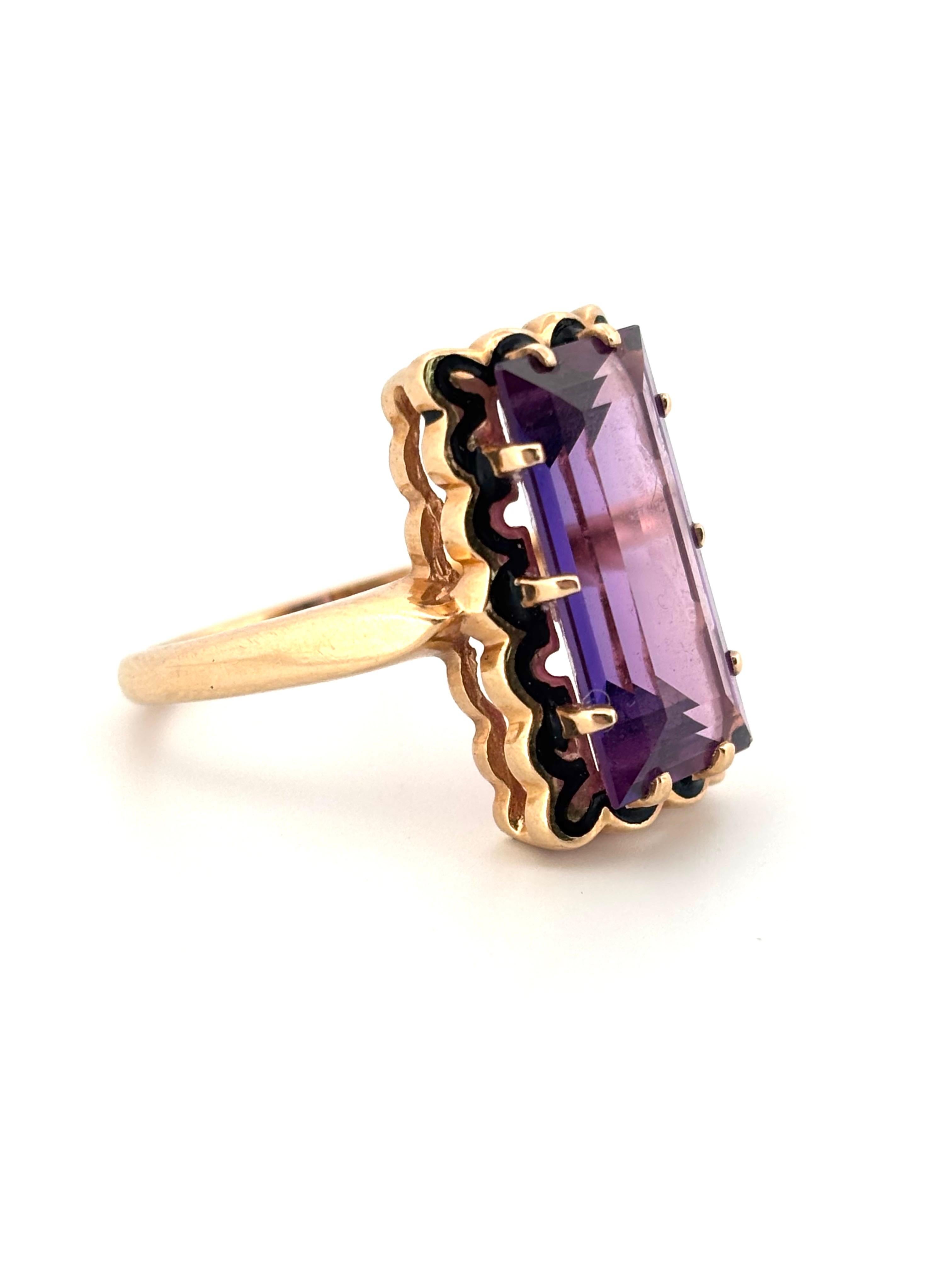 Schwarzer Emaille Smaragd Cut lila Amethyst 14K Gelbgold Ring Größe 6,5 für Damen oder Herren im Angebot