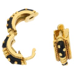 Black Enamel Etruscan Vintage Hoop Earrings in 18 Karat Yellow Gold