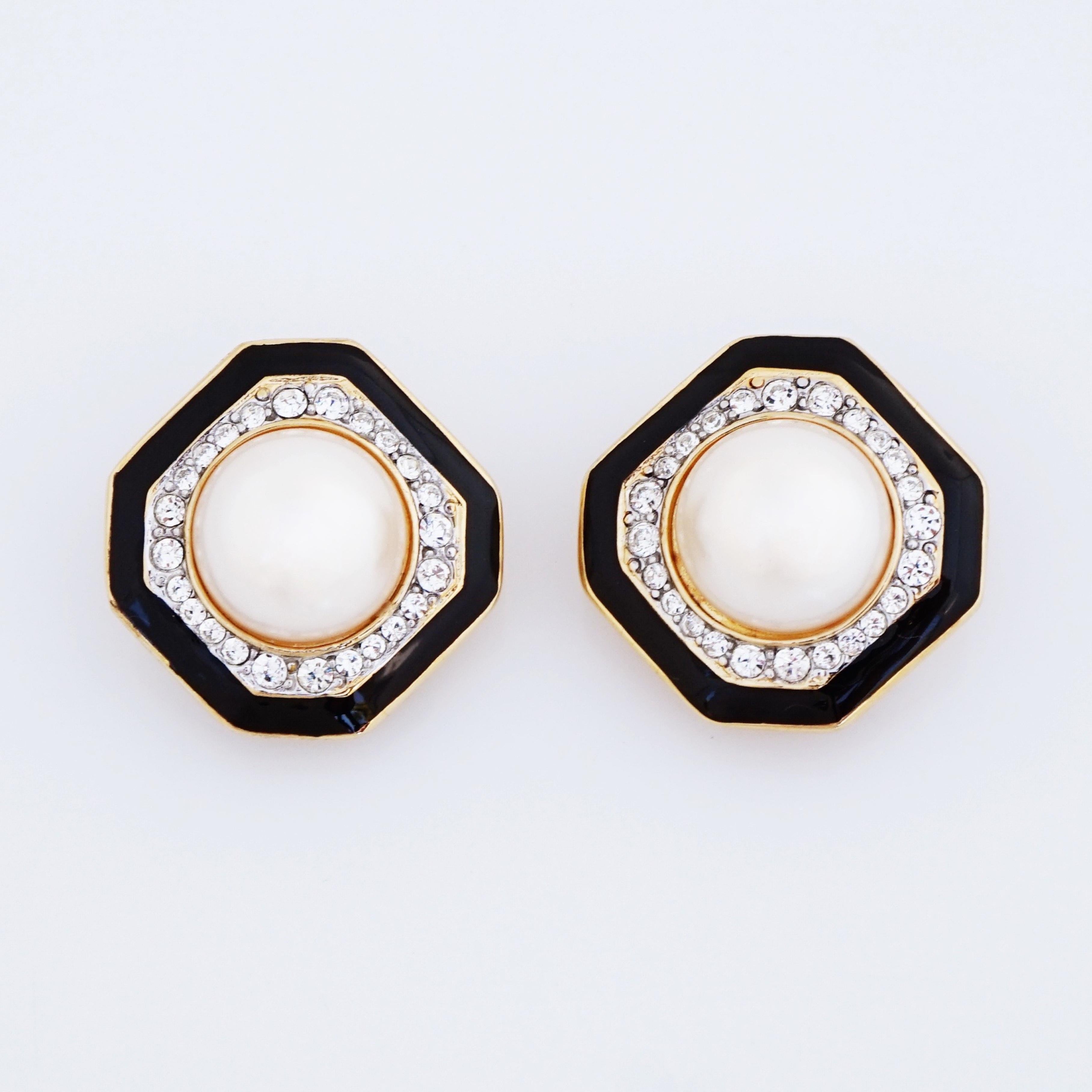 Modern Black Enamel, Faux Pearl and Crystal Pavé Octagon Earrings, 1980s