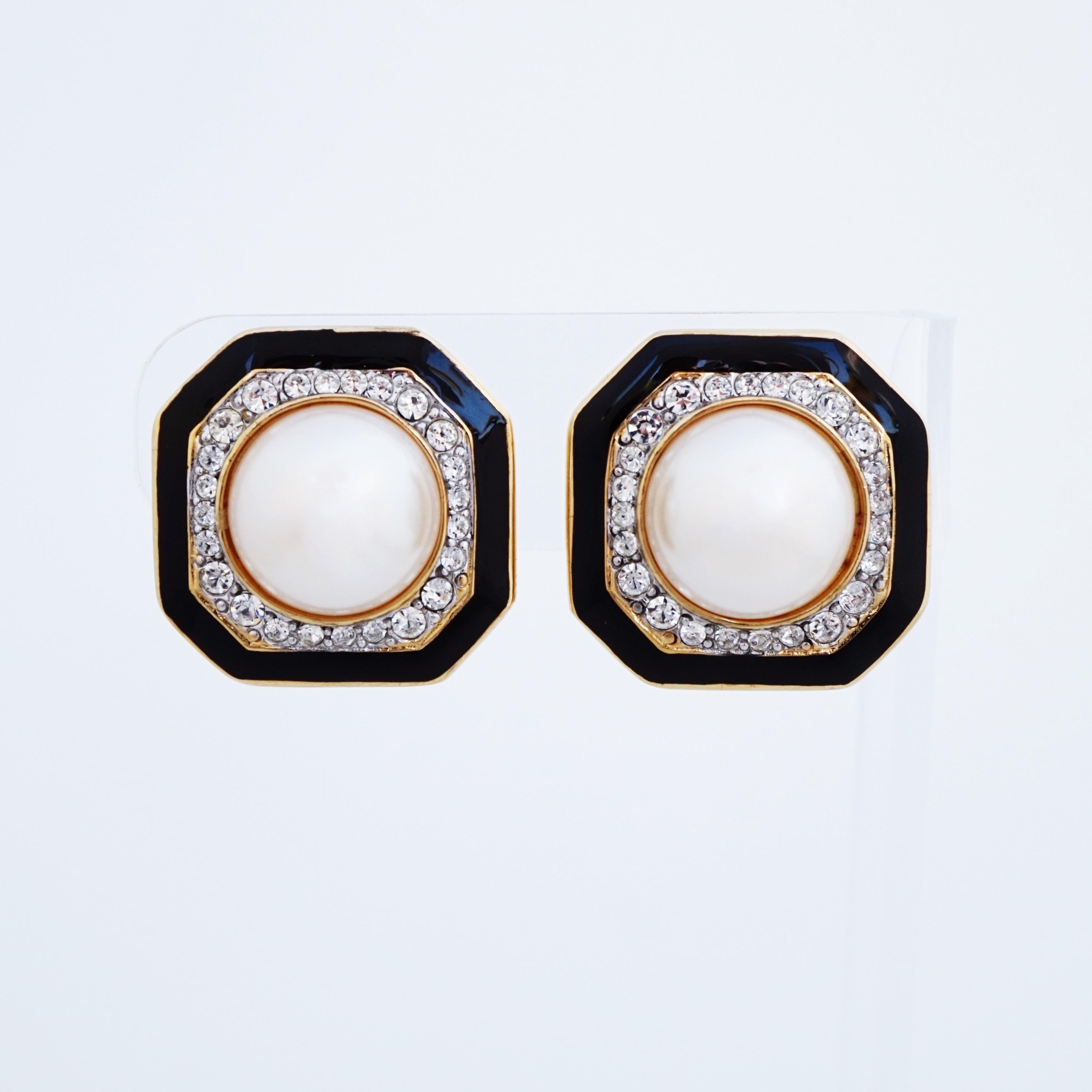 Black Enamel, Faux Pearl and Crystal Pavé Octagon Earrings, 1980s In Good Condition In McKinney, TX