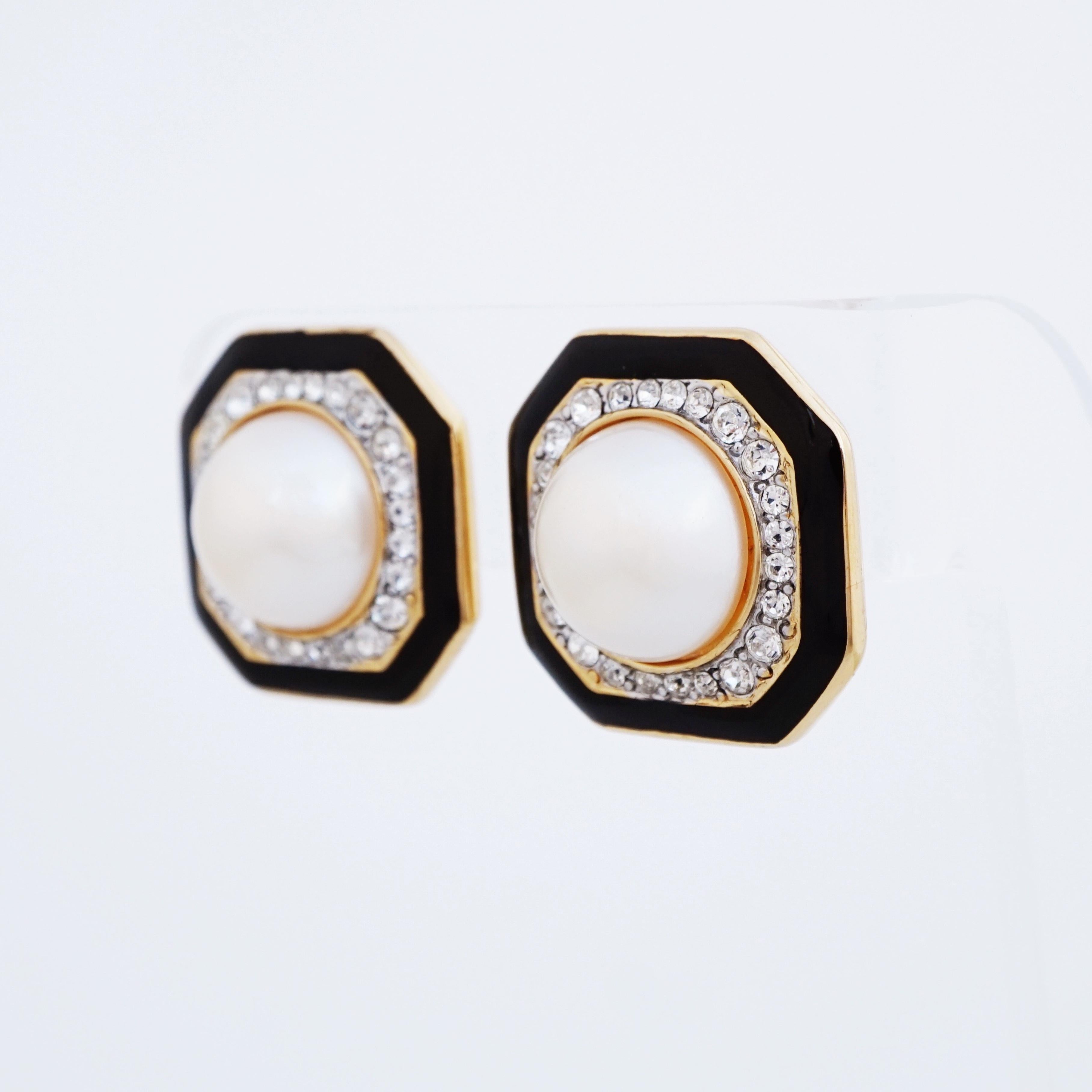 Women's Black Enamel, Faux Pearl and Crystal Pavé Octagon Earrings, 1980s