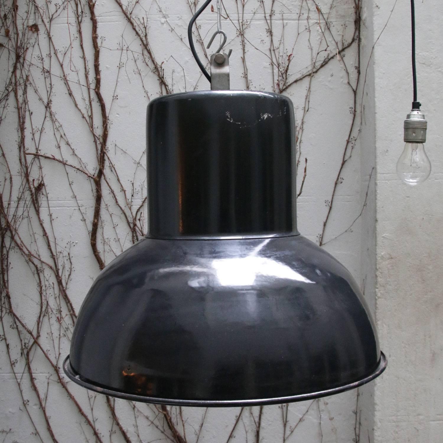 20th Century Black Enamel French Vintage Industrial Pendant Lights (2x)