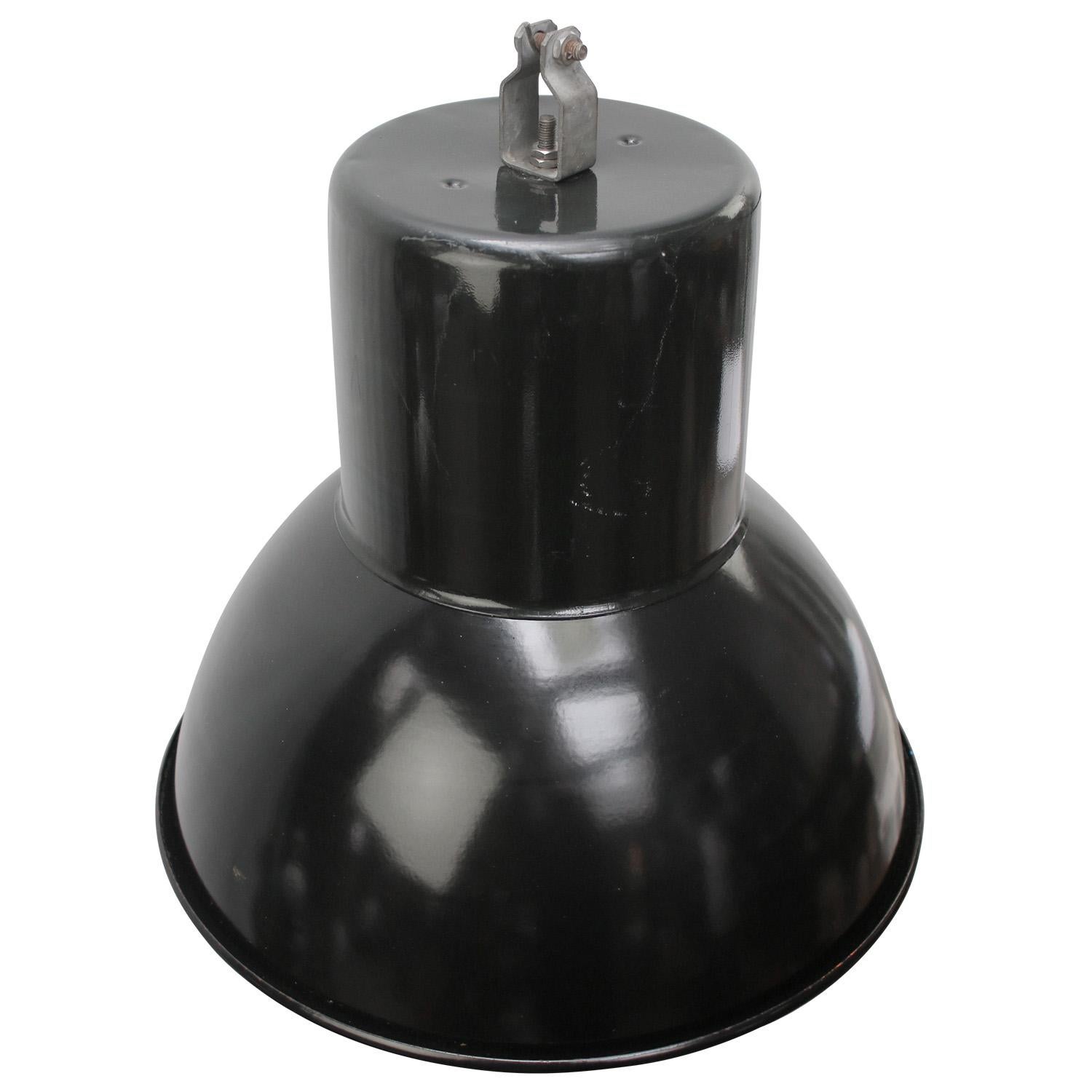 Very large French enamel Industrial pendant. Black enamel. 
White interior. 

Weight: 5.20 kg / 11.5 lb

Priced per individual item. All lamps have been made suitable by international standards for incandescent light bulbs, energy-efficient and LED