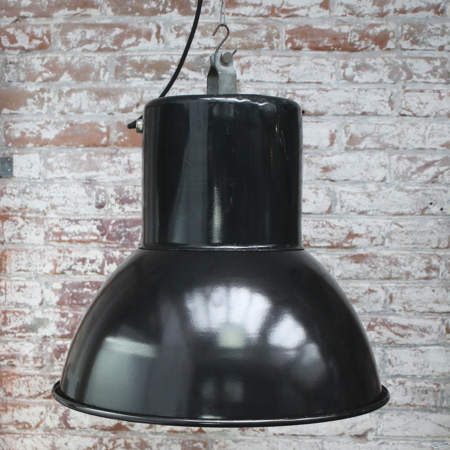 20th Century Black Enamel French Vintage Industrial Pendant Lights For Sale