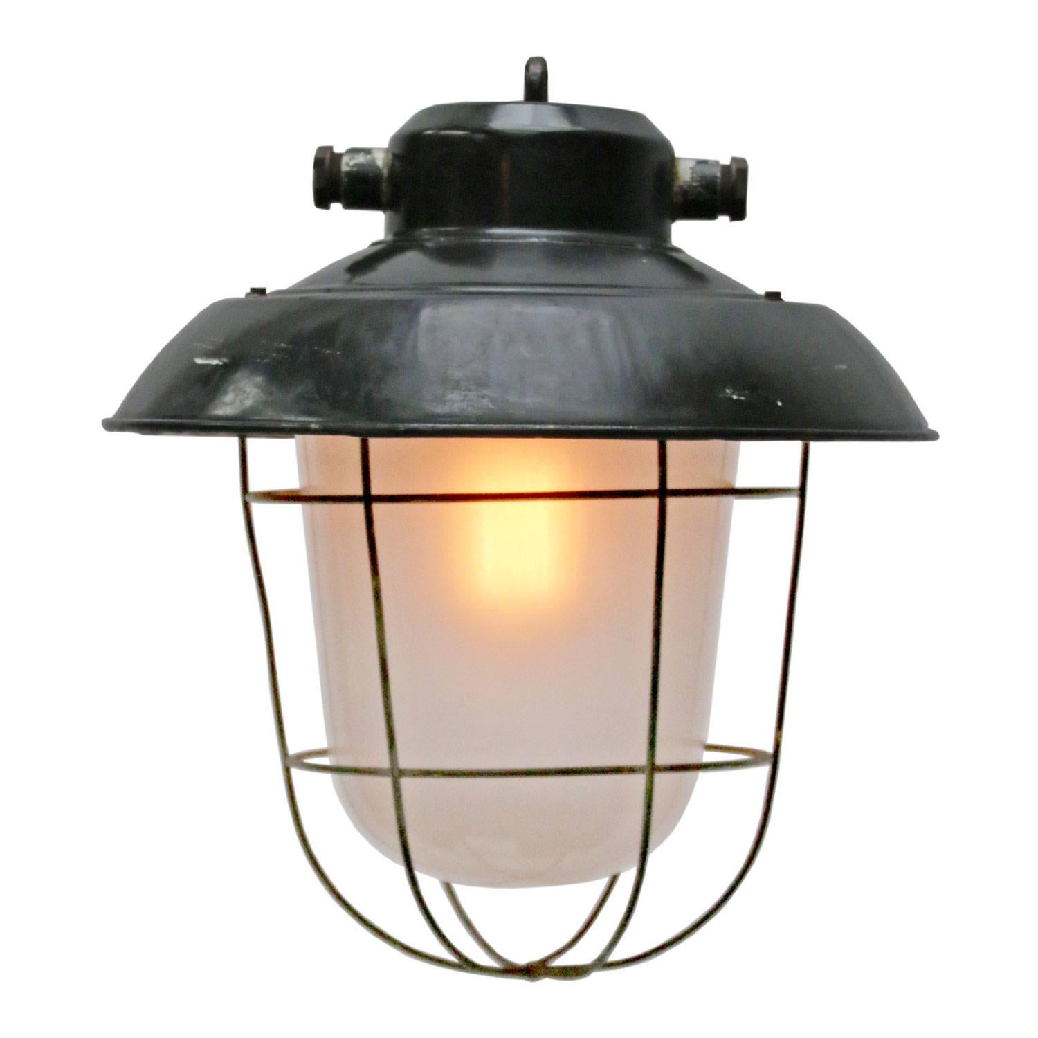 Black enamel Industrial lamp. Frosted glass.

Weight: 3.0 kg / 6.6 lb. For use outdoors as well as indoors. 

All lamps have been made suitable by international standards for incandescent light bulbs, energy-efficient and LED bulbs. E26/E27 bulb