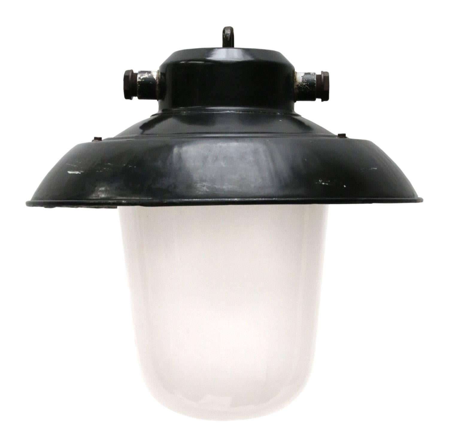 Czech Black Enamel Frosted Glass Vintage Industrial Lamp Pendants