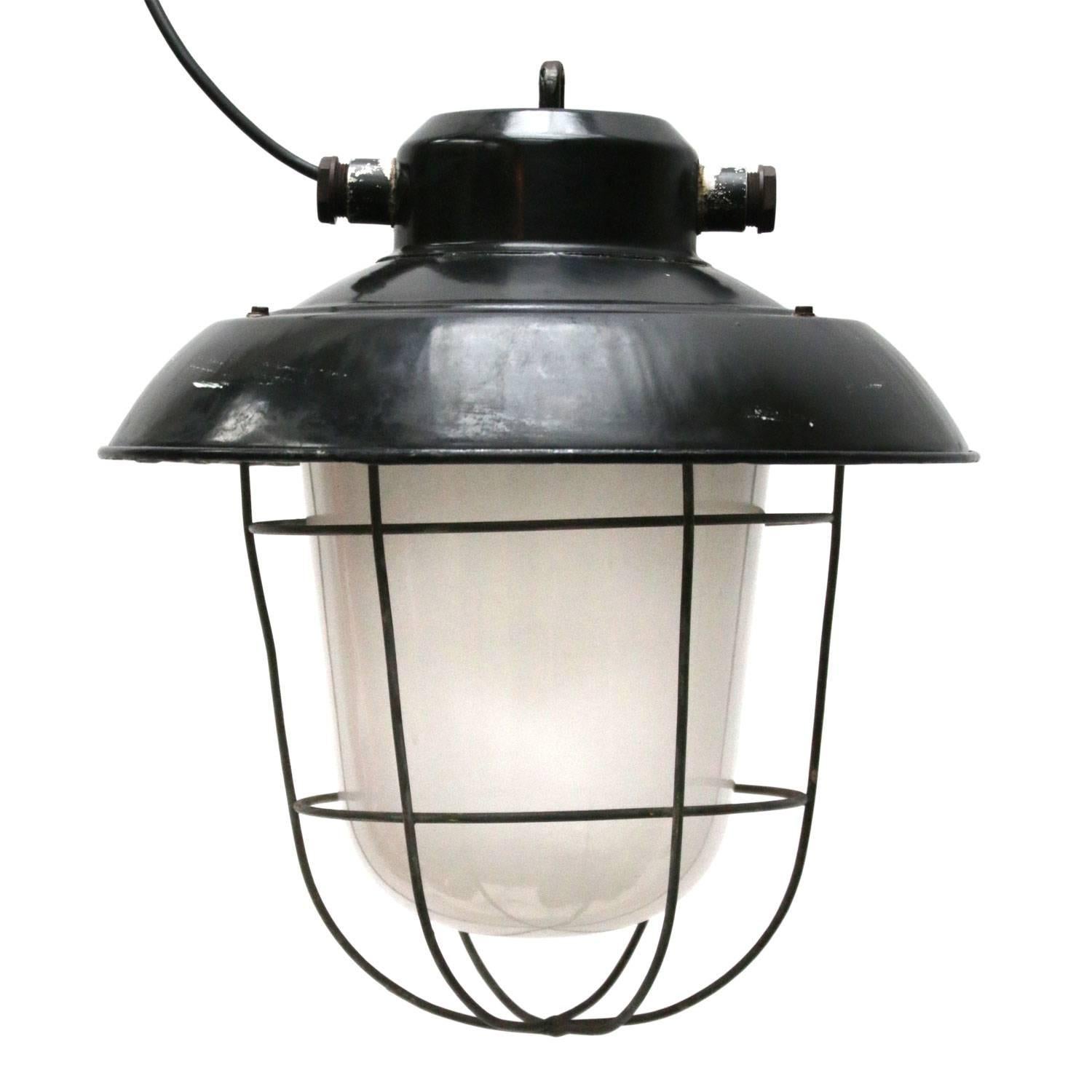 20th Century Black Enamel Frosted Glass Vintage Industrial Lamp Pendants