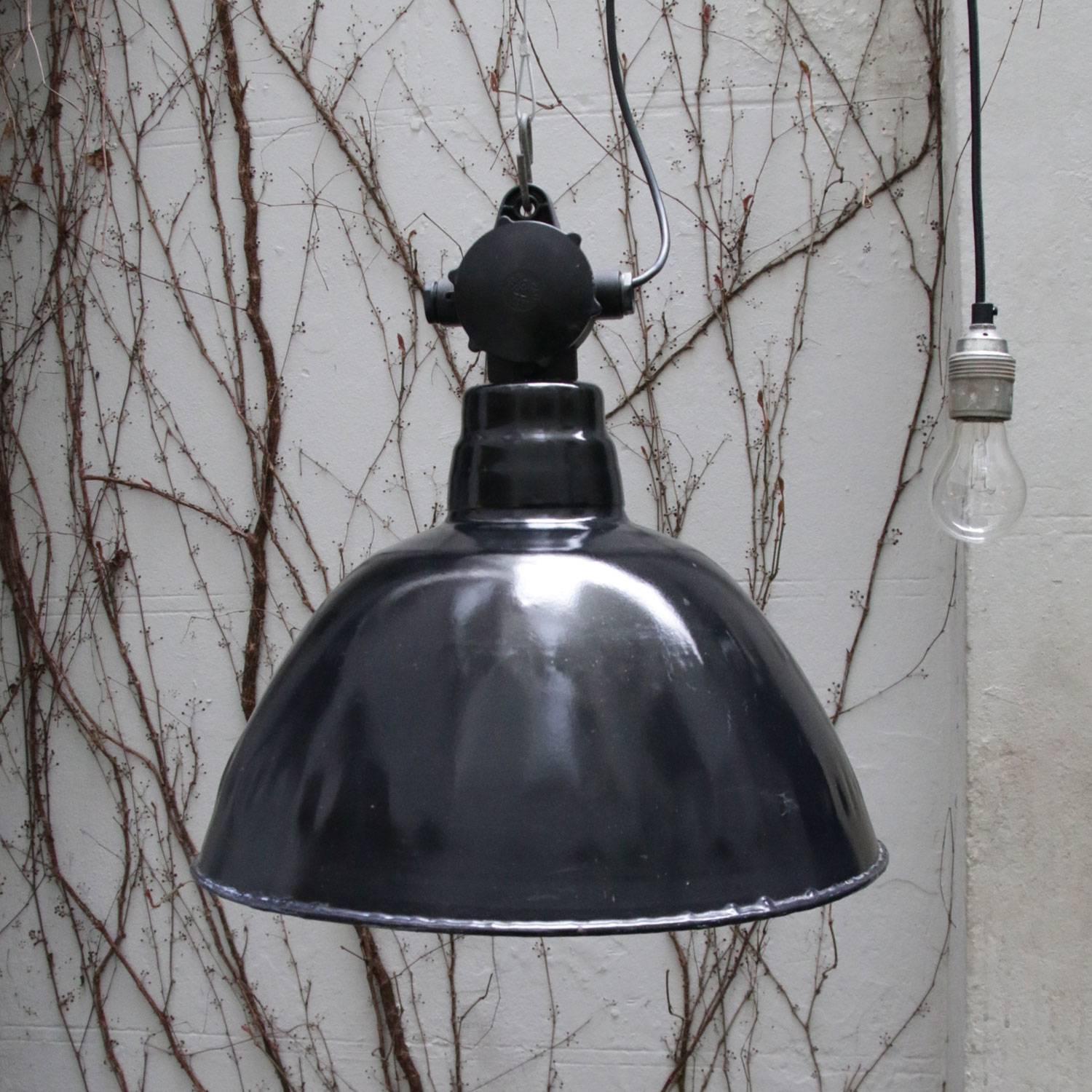 20th Century Black Enamel German Vintage Industrial Bakelite Top Pendant Lights