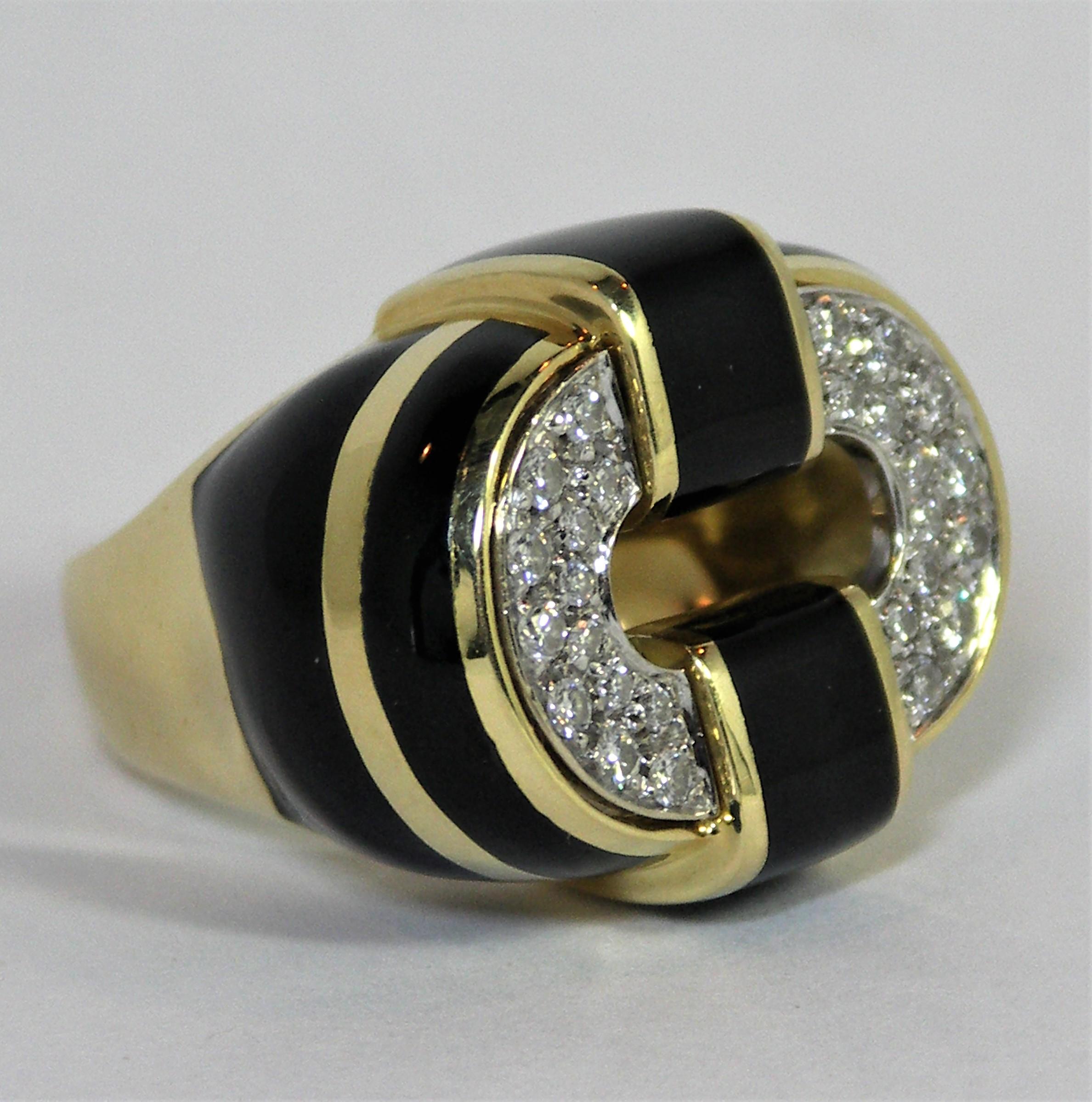 Black Enamel Gold and Diamond Ring Large Scale In Good Condition In Palm Beach, FL