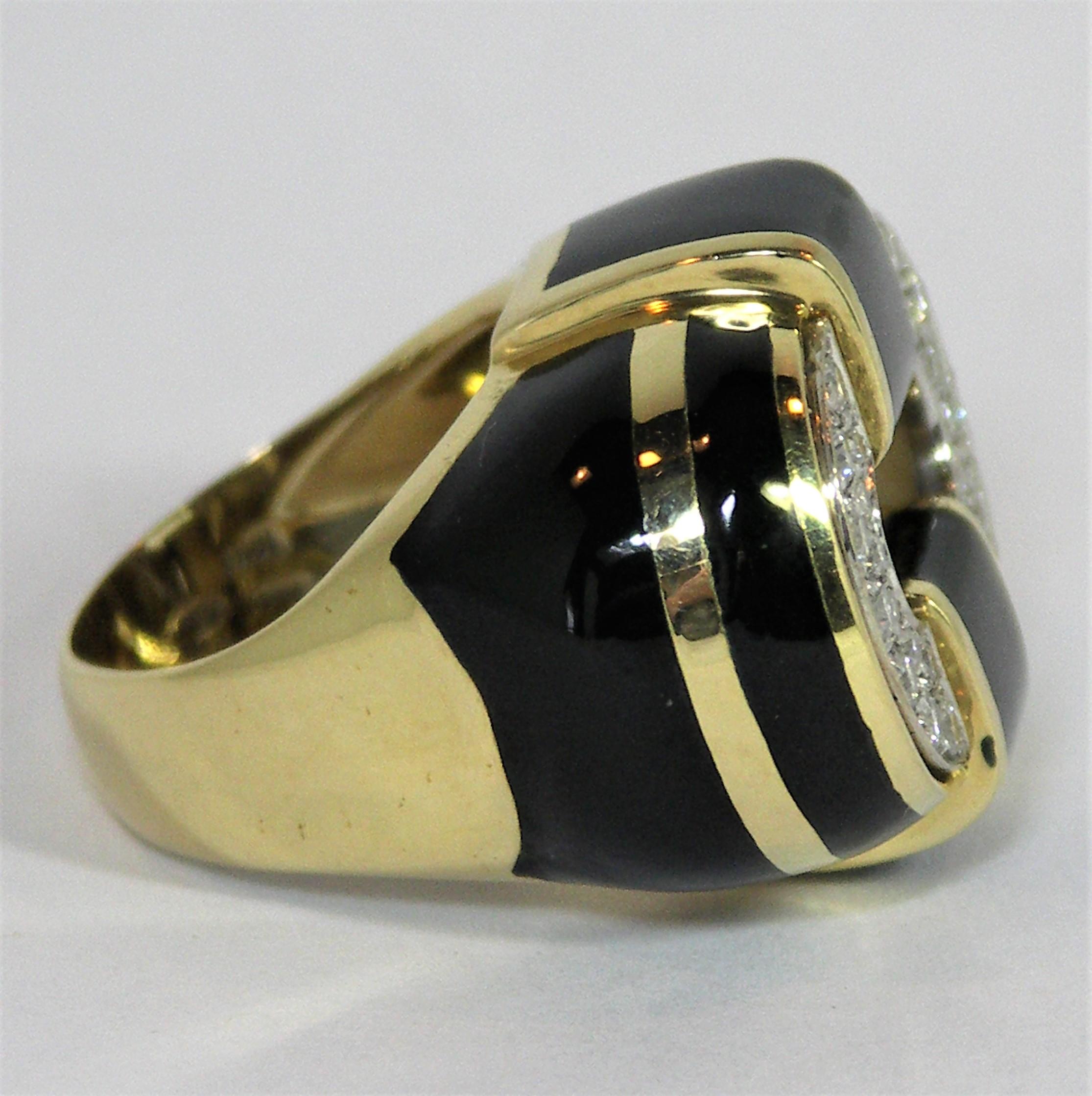 Women's Black Enamel Gold and Diamond Ring Large Scale