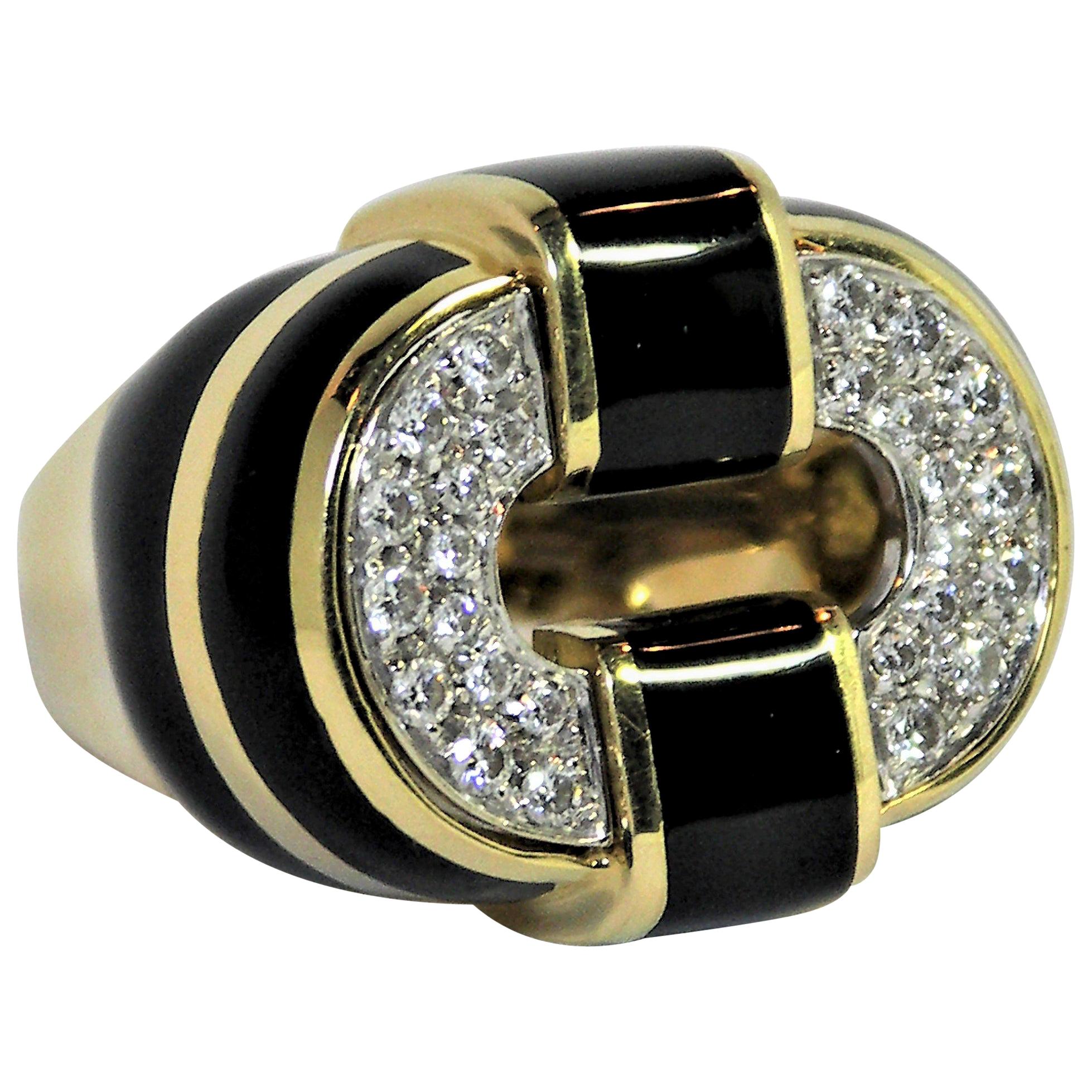 Black Enamel Gold and Diamond Ring Large Scale