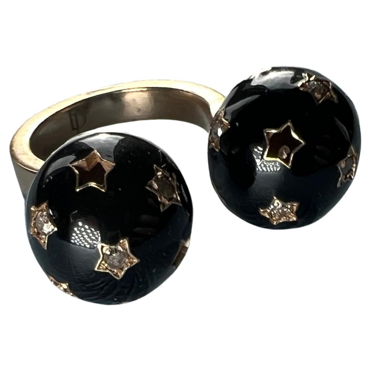 Victorian Black Enamel Gold Ring Diamond Star Ball For Sale