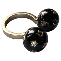 Black Enamel Gold Ring Diamond Star Ball