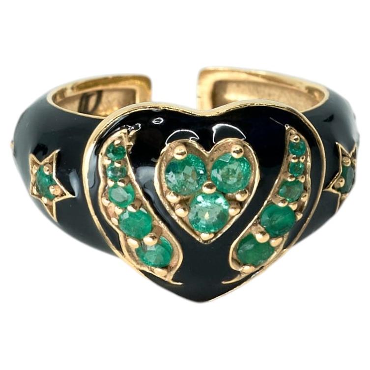 Anello a forma di cuore in smalto nero, oro smeraldo