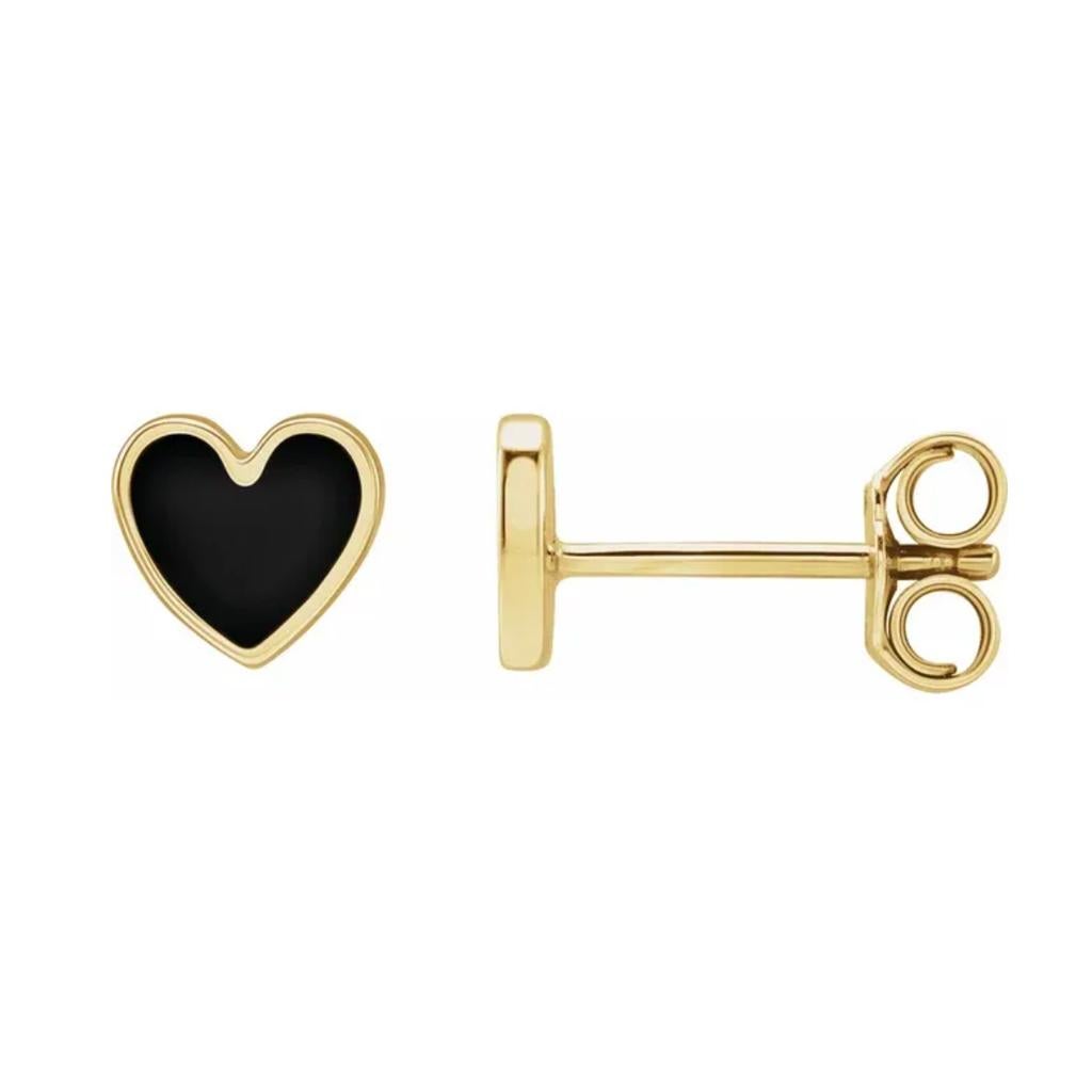 Black Enamel Heart Studs Petite Earring Stack 14K Gold Contemporary Love In New Condition For Sale In Austin, TX