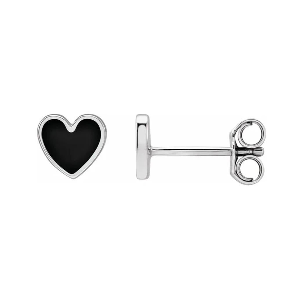 Women's Black Enamel Heart Studs Petite Earring Stack 14K Gold Contemporary Love For Sale