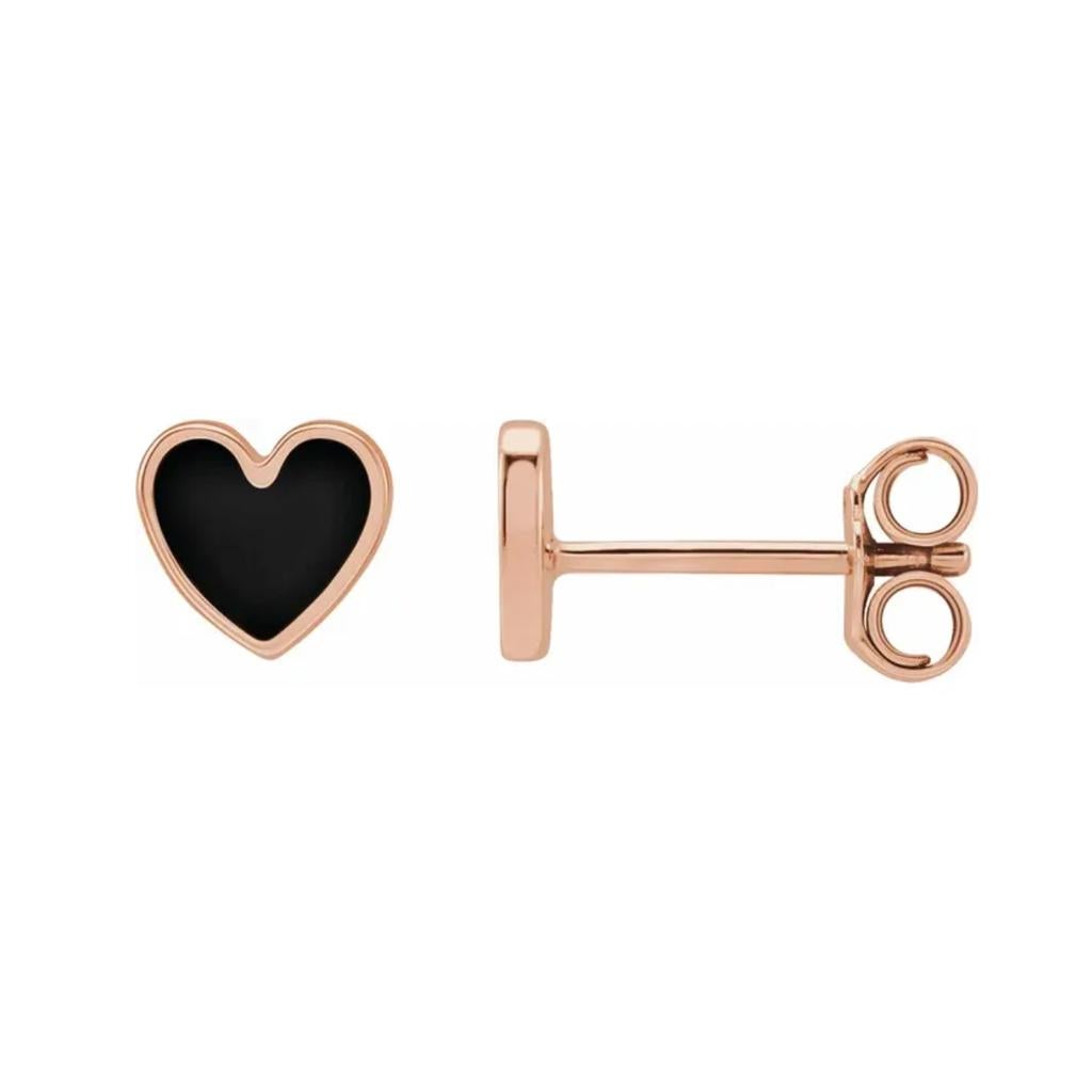 Black Enamel Heart Studs Petite Earring Stack 14K Gold Contemporary Love For Sale 1