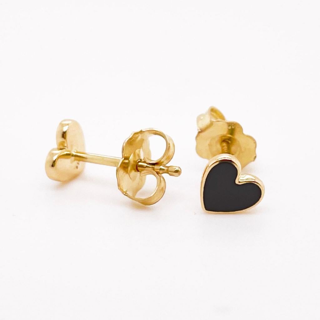 Black Enamel Heart Studs Petite Earring Stack 14K Gold Contemporary Love For Sale 3