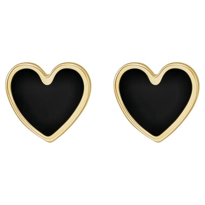 Black Enamel Heart Studs Petite Earring Stack 14K Gold Contemporary Love For Sale