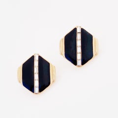 Black Enamel Hexagon Earrings With Baguette Crystals By Pierre Cardin, 1980s