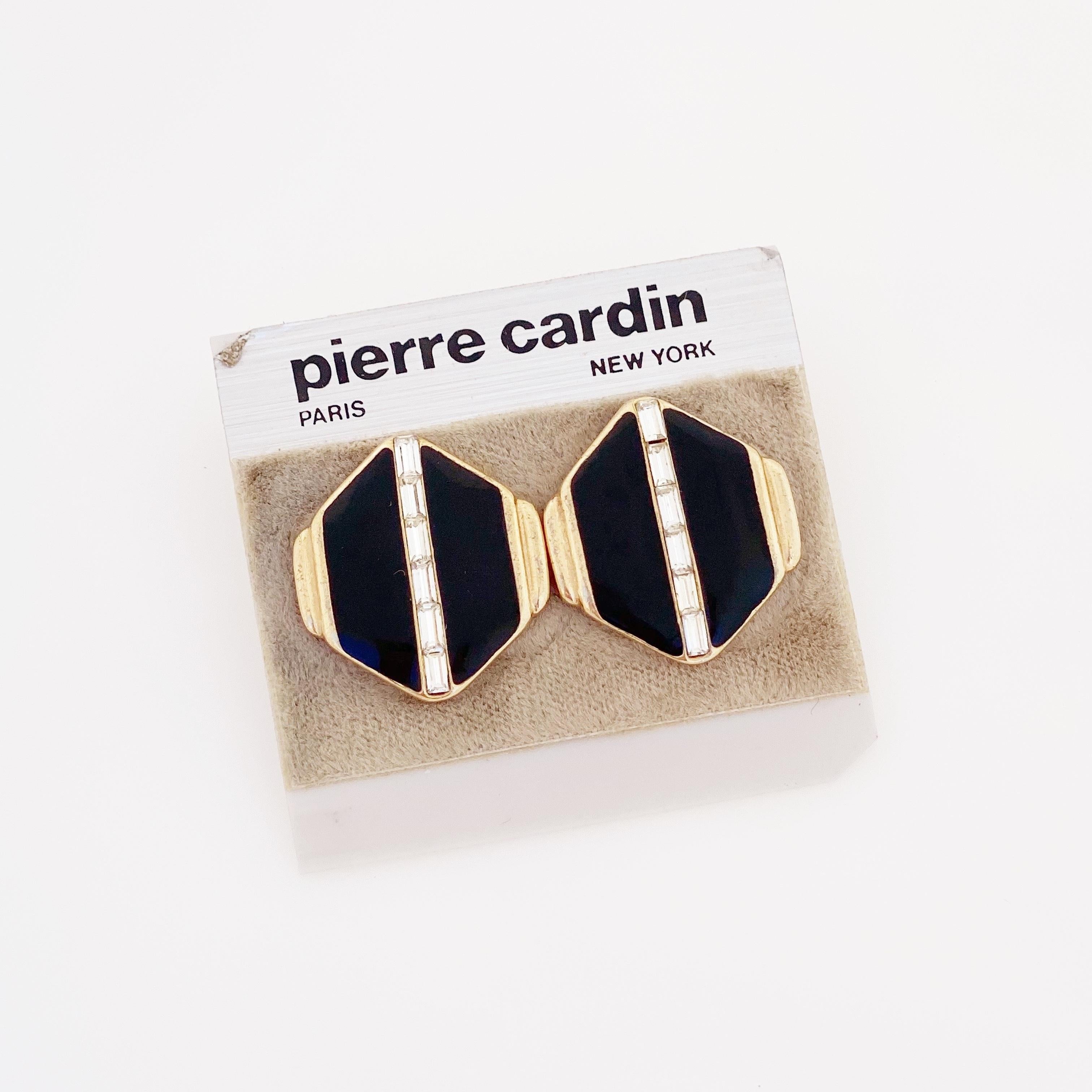Modern Black Enamel Hexagon Earrings With Baguette Crystals By Pierre Cardin, 1980s For Sale