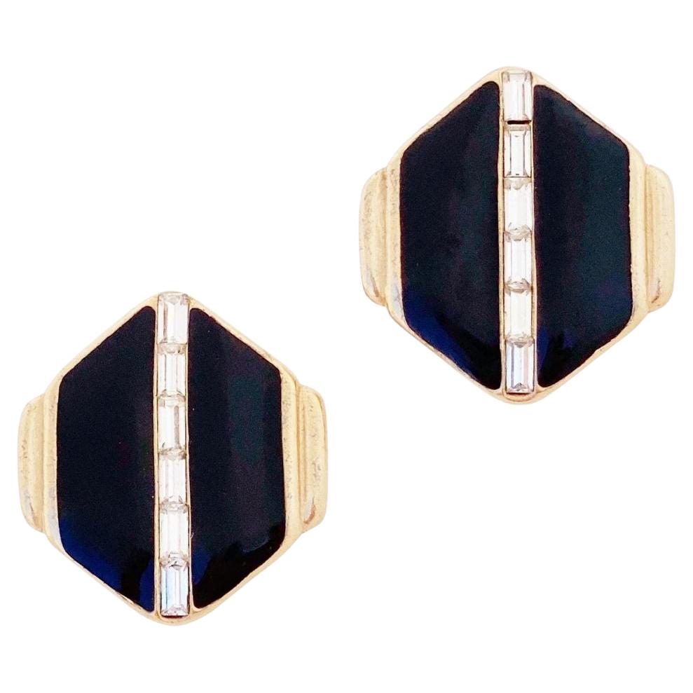 Black Enamel Hexagon Earrings With Baguette Crystals By Pierre Cardin, 1980s For Sale