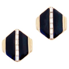 Black Enamel Hexagon Earrings With Baguette Crystals By Pierre Cardin, 1980s