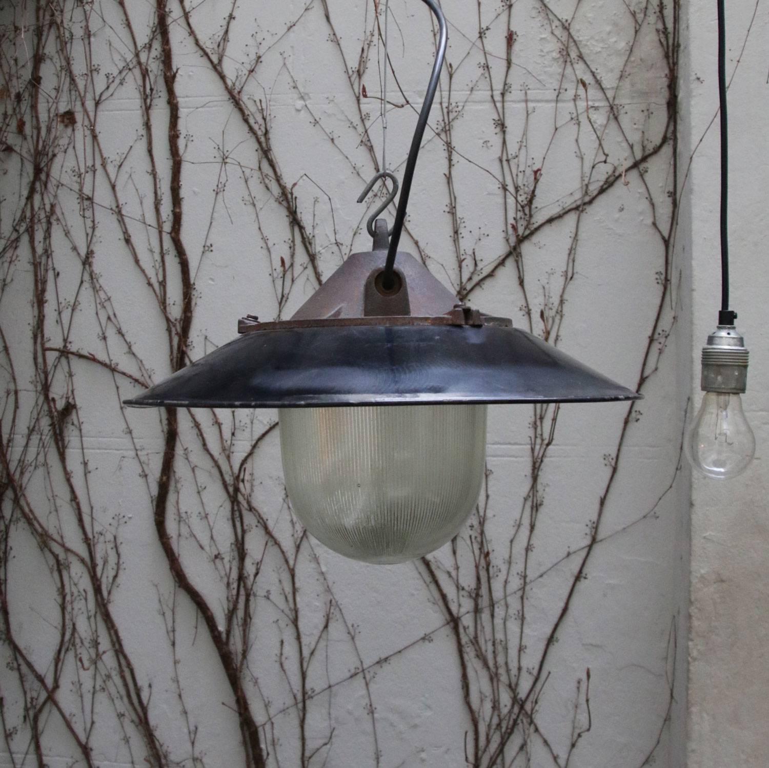 Black Enamel Holophane Glass Cast Iron Vintage Industrial Factory Lamps (2x) 1