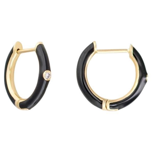 Black Enamel Huggies with Diamonds, 14K Yellow Gold, GH SI1 Diamonds