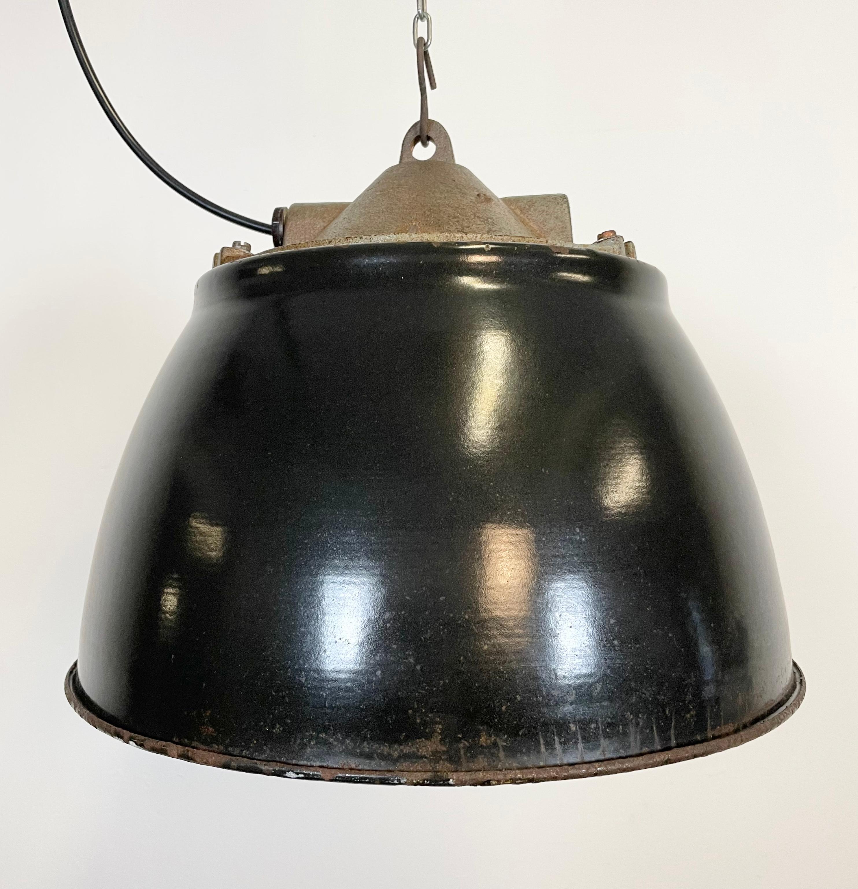 Czech Black Enamel Industrial Factory Cage Pendant Light, 1950s For Sale