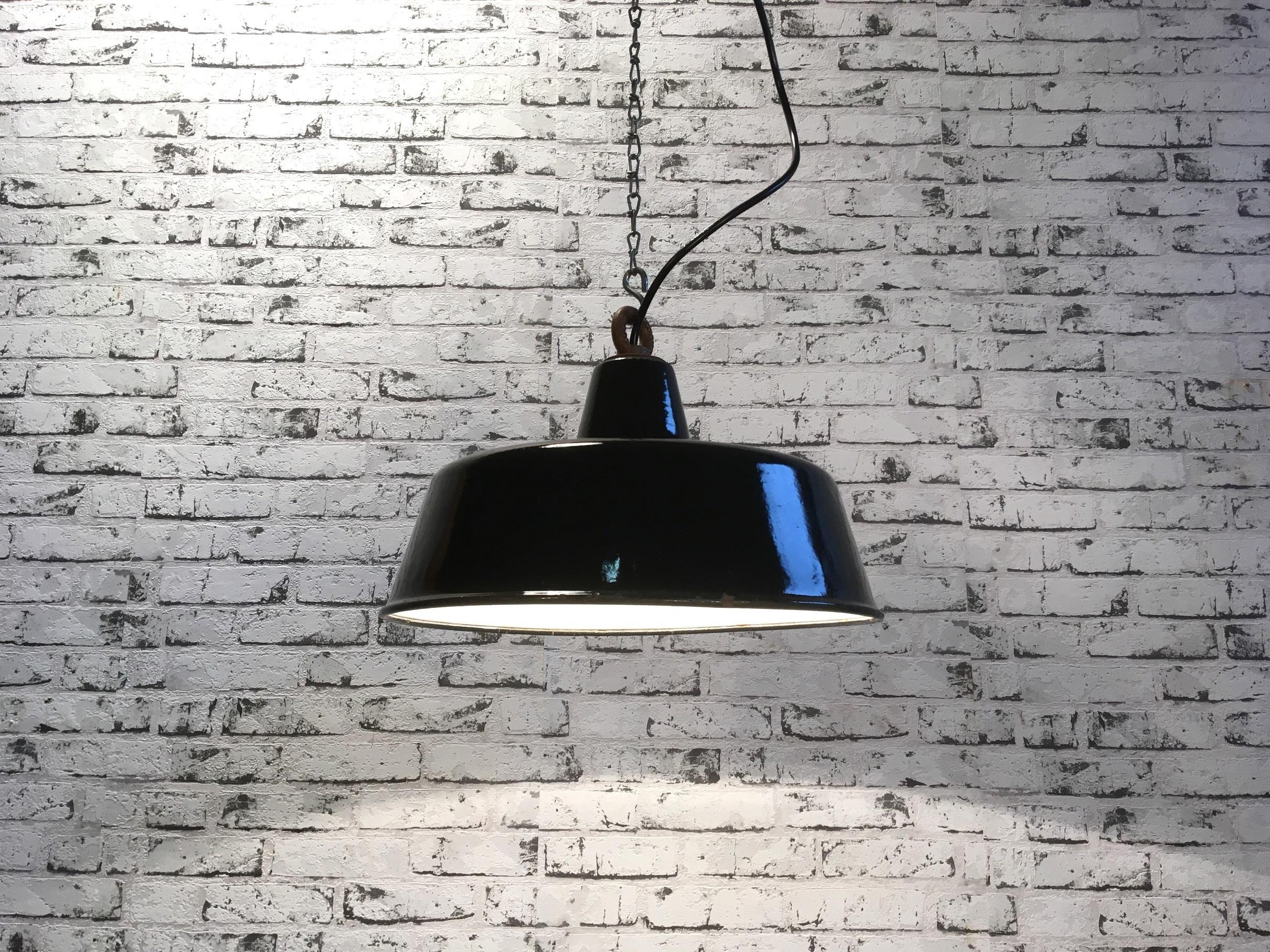 Black Enamel Industrial Pendant Lamp, 1930s In Good Condition In Kojetice, CZ
