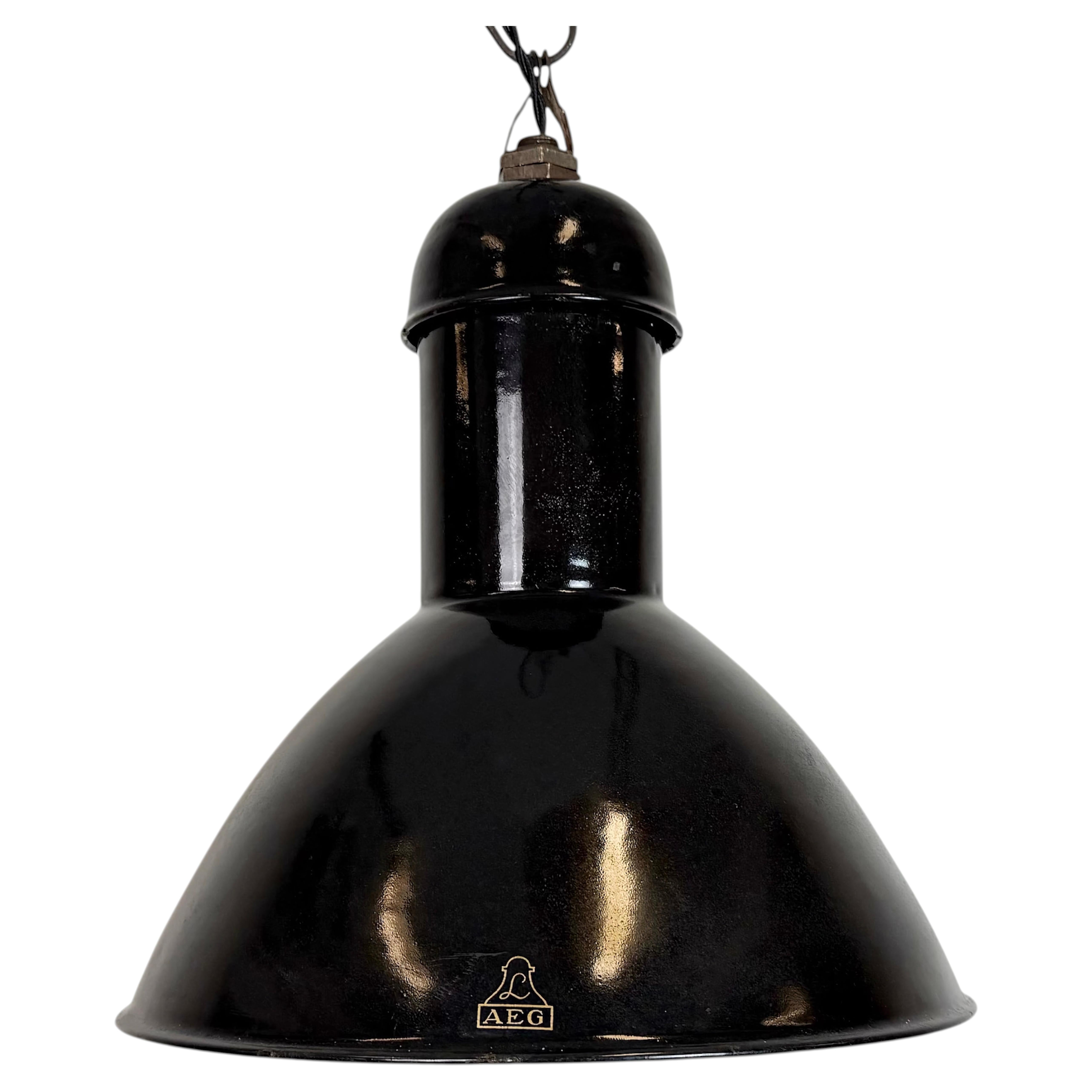 Black Enamel Industrial Pendant Lamp from AEG, 1930s