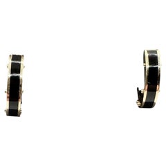 Black Enamel Inlay Huggie Earrings 14K Yellow Gold 4.3mm 14.7mm