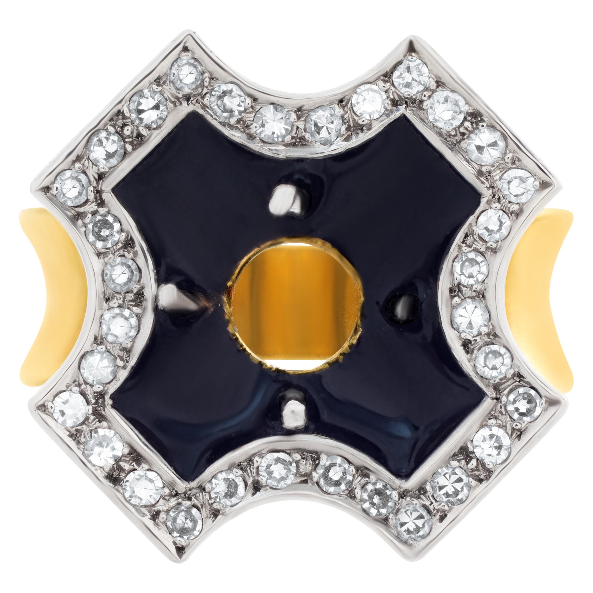 Black enamel Maltese cross design setting in 18k yellow gold with 0.50 carats in diamonds. Use this setting with your diamond or ask us about our loose diamond inventory.This Diamond ring is currently size 5.5 and some items can be sized up or down,