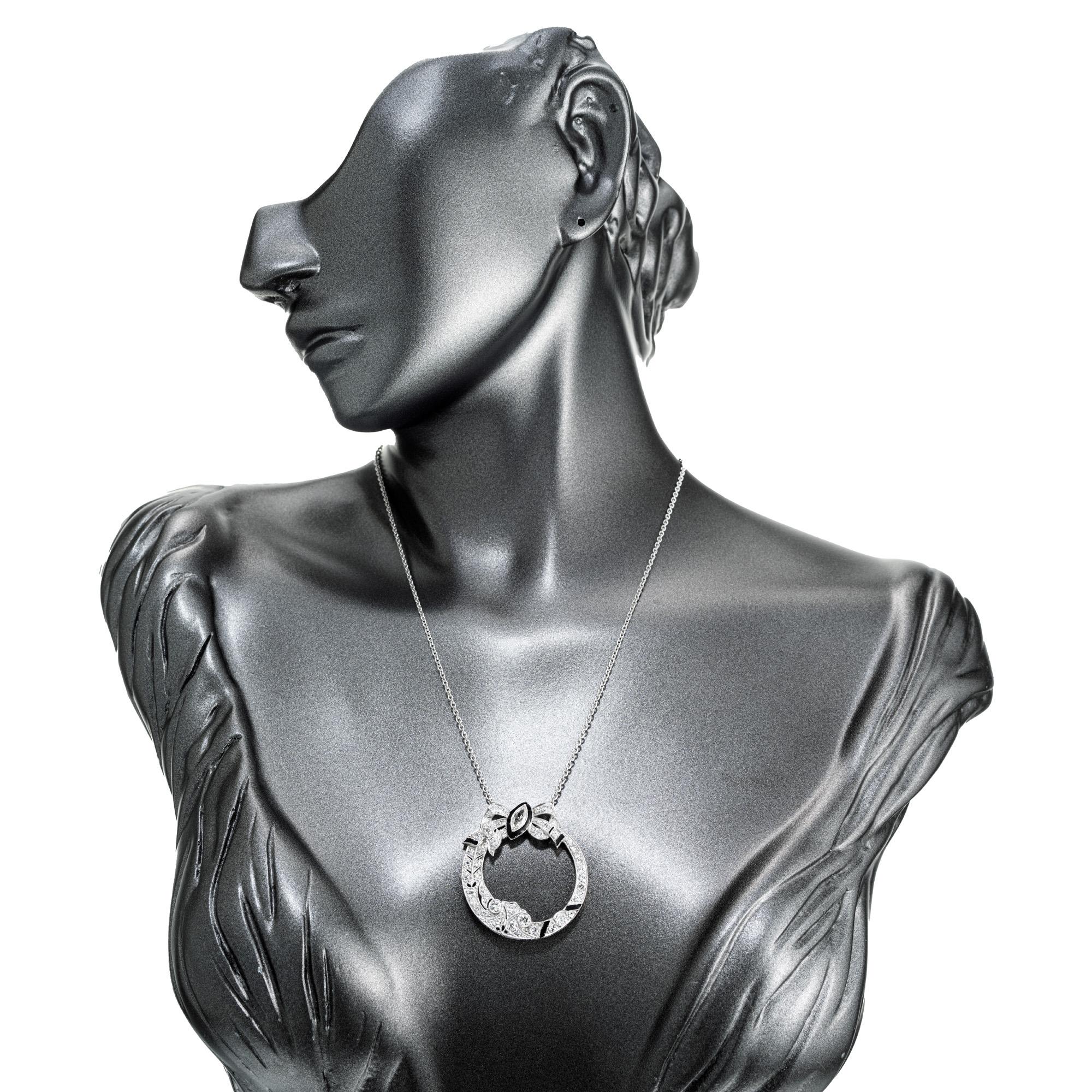 Women's Black Enamel Marquise Diamond Gold Platinum Bow Pendant Necklace For Sale