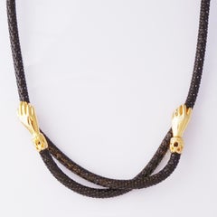 Black Enamel Mesh Necklace or Belt With Gilded Hands Clasp By DL Auld Co, 1970s