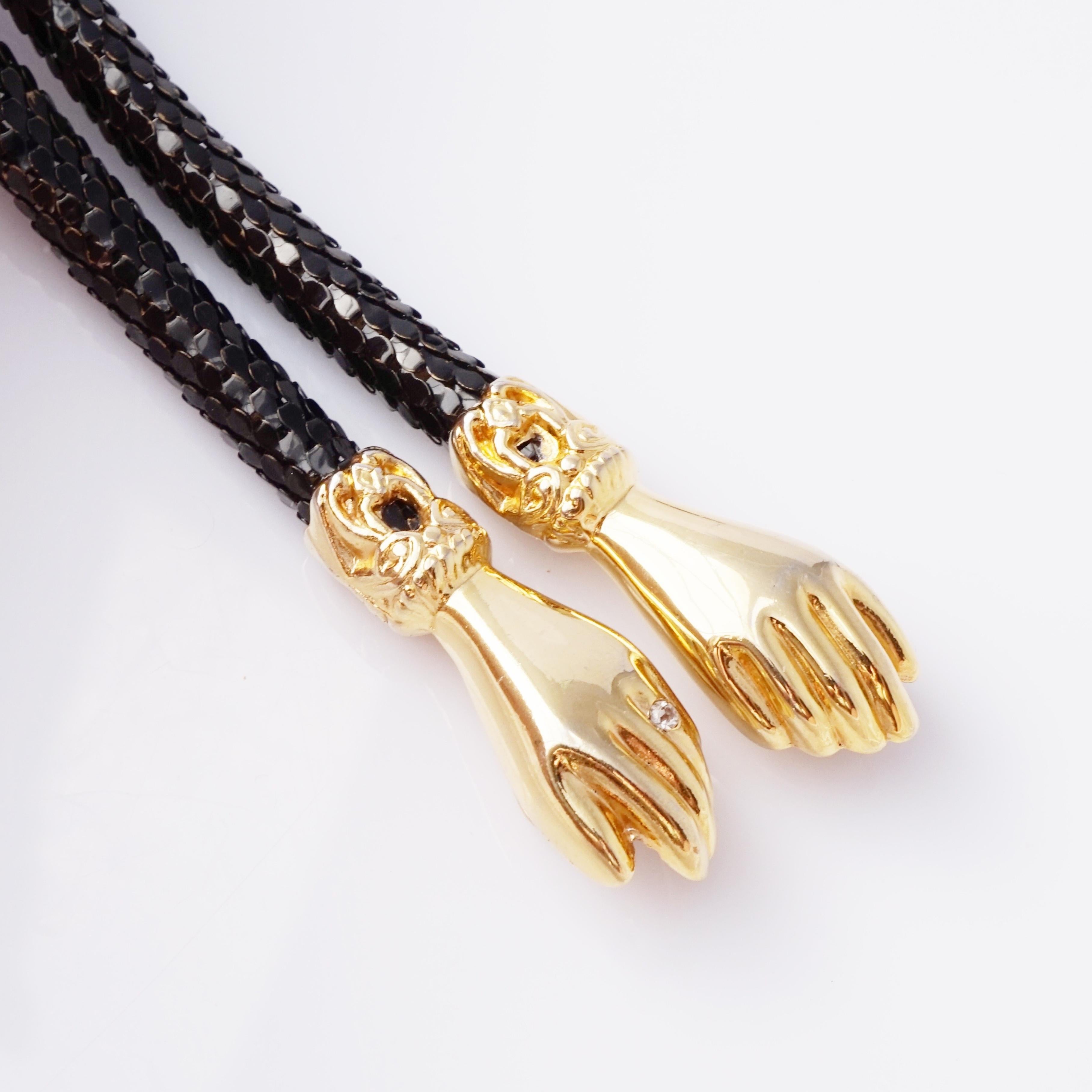 Modern Black Enamel Mesh Necklace or Belt With Gilded Hands Clasp By DL Auld Co, 1970s
