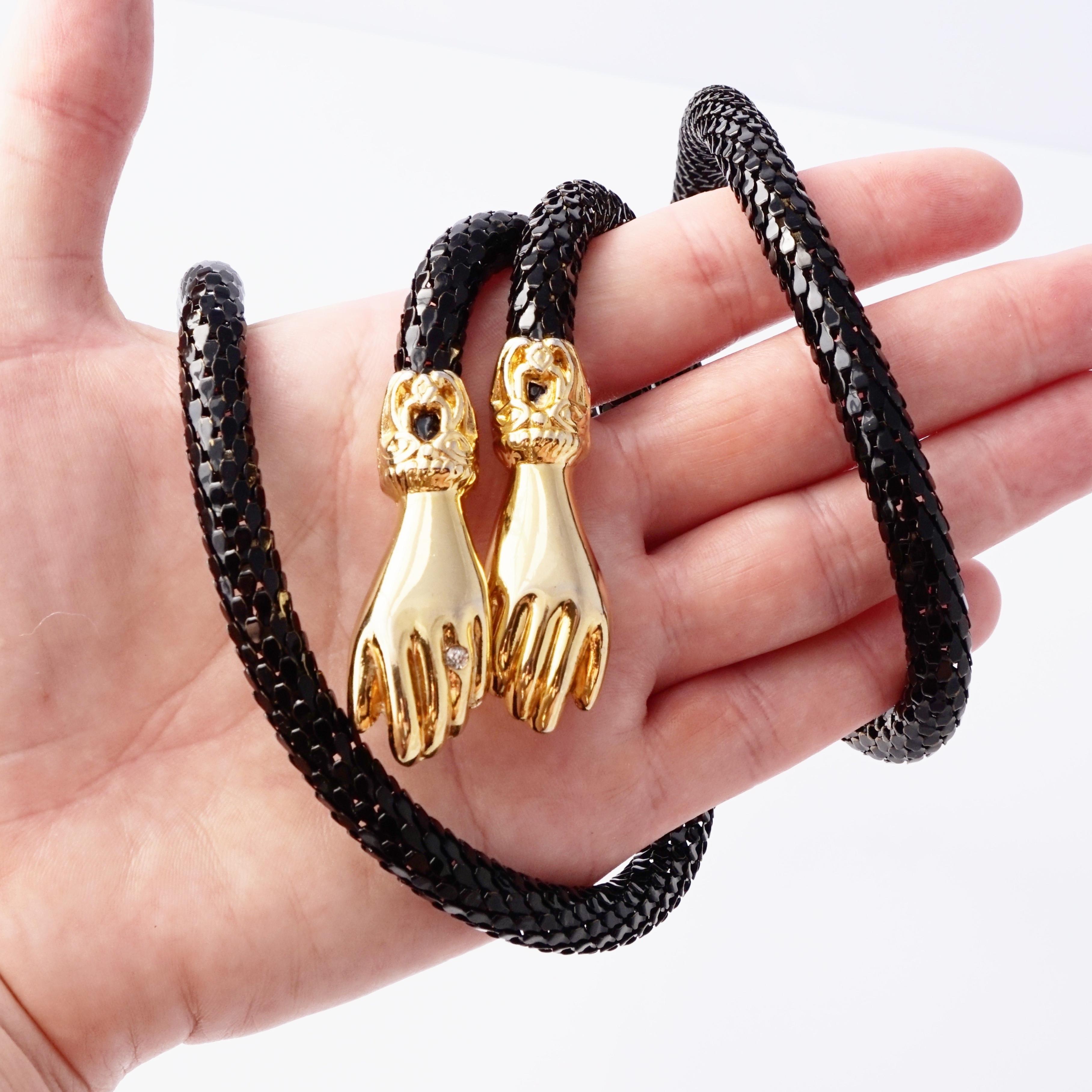 Women's Black Enamel Mesh Necklace or Belt With Gilded Hands Clasp By DL Auld Co, 1970s