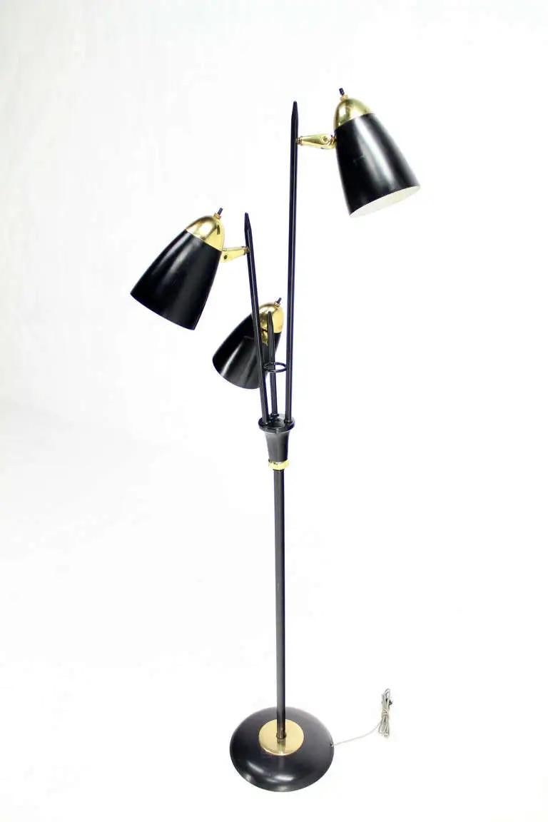 Black Enamel Shades Mid Century Modern Adjustable Gerald Thurston Three Way Floor Lamp